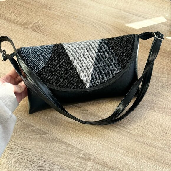 New Handmade Beaded Shoulder Bag Black Grey - Picture 5 of 10